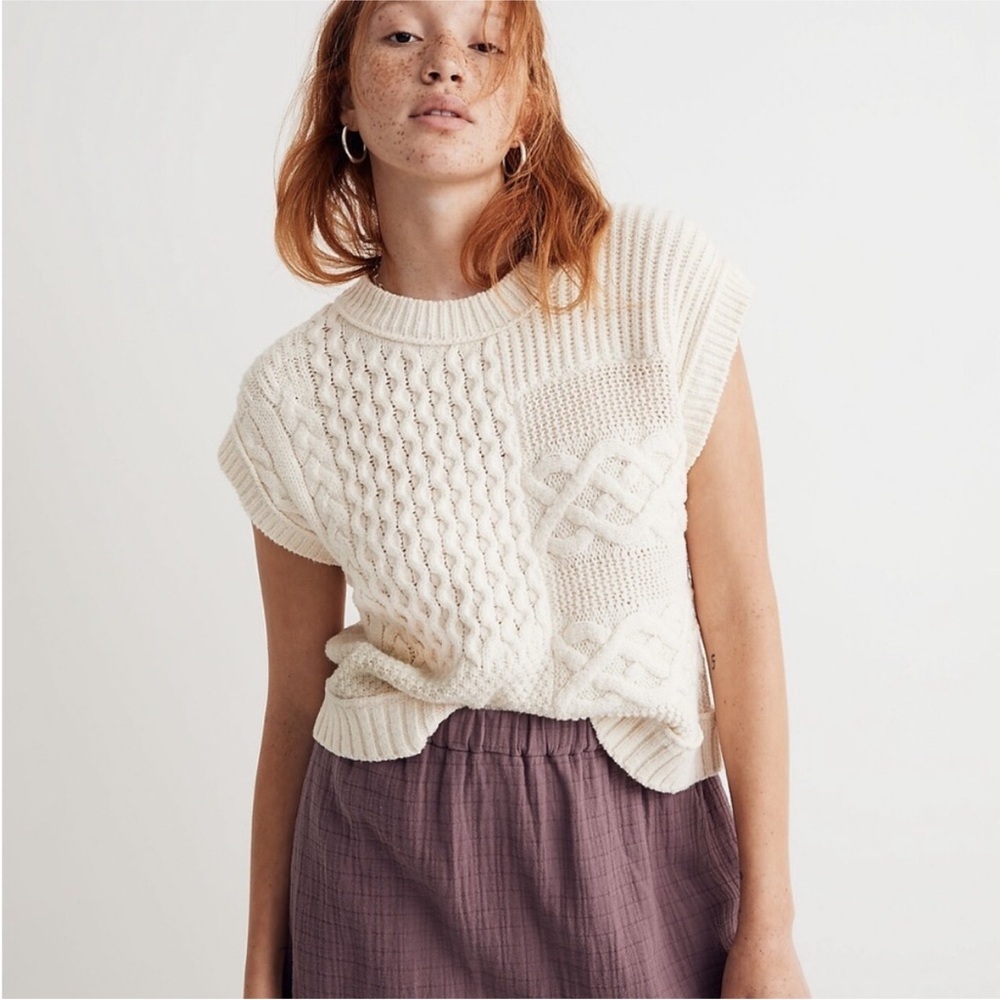 Madewell Patchwork Sweater Vest Cable Knot Oversized Boxy Soft Cotton Blend SZ S